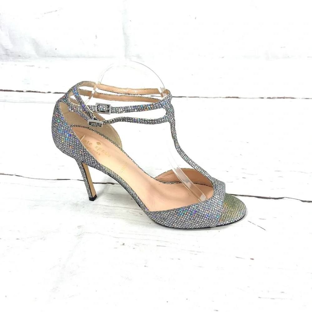 Kate Spade New York Shoes Women’s 10M Silver Pumps T-Strap Glitter Ankle‎ Strap